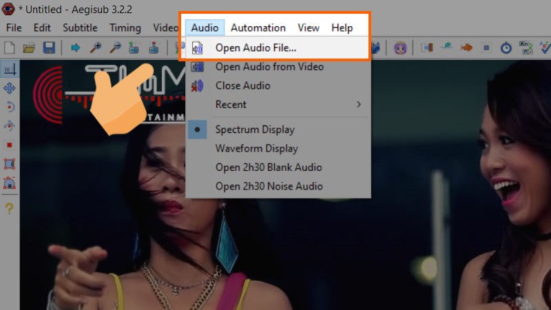 mở Audio > Open Audio để chọn file âm thanh bạn muốn chèn vào clip